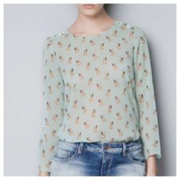 ZARA FRENCH BULLDOG PRINT NOVELTY SHEER CHIFFON STUDDED SHOULDER MINT BLOUSE S - Picture 2 of 12